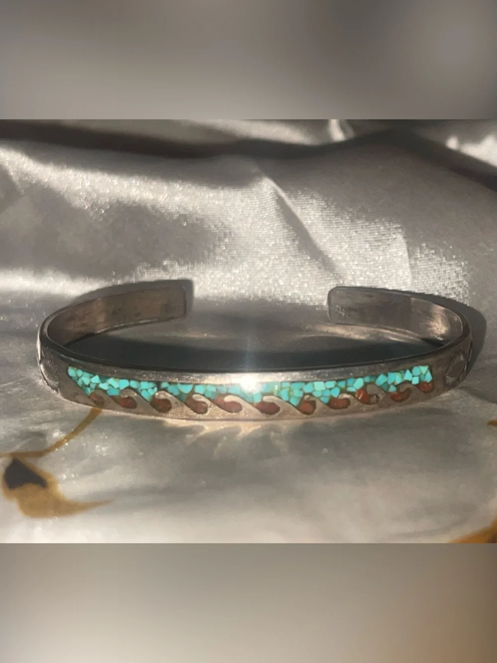 Turquoise & Coral Inlay Sterling Silver signed Cuff Bracelet - Blue